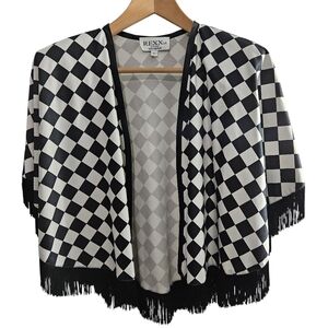 Rexx Ltd Women's Black and White  Checkered Fringe  Shawl With Shoulder Pads